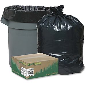 Box of Earthsense trash bags with a filled garbage bag and trash can in the background.