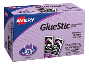 Avery GlueStic 18-pack box, features disappearing color, washable, acid-free, and non-toxic qualities.