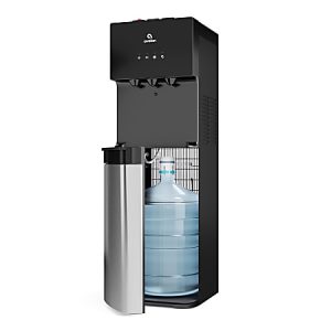 Black water cooler with bottom loading design and visible water jug, featuring hot, cold, and room temperature options.
