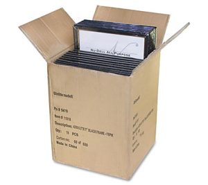 Open cardboard box with multiple black photo frames, labeled "Nu-Dell All Purpose," partially visible packaging details.