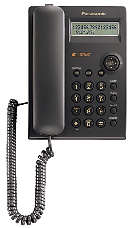 Black Panasonic corded phone with numeric keypad, LCD screen displaying numbers, and coiled cord.