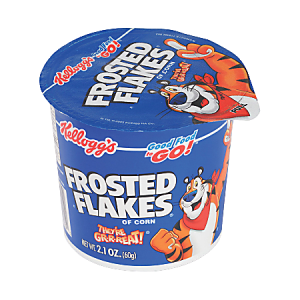 Kellogg's Frosted Flakes single-serve cup with Tony the Tiger on package, labeled "Good Food to Go!" and "They're GRRREAT!".