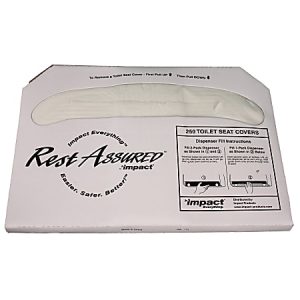 Box of 250 Rest Assured toilet seat covers with dispenser instructions on front.