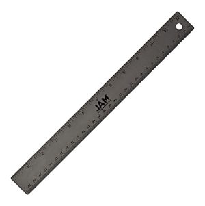 Black metal ruler with inch and centimeter markings, branded with logo in the center, hole at one end for hanging.