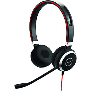 Black and red over-ear headset with a microphone, featuring a padded headband and the Jabra logo on the ear cups.