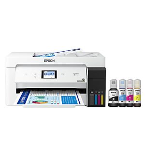 EcoTank ET-15000 wireless printer with document feeder, color display, and four ink bottles, printing a color page.