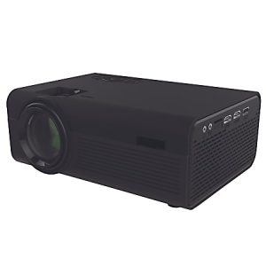 Black multimedia projector with lens in front, control buttons on top, and various ports on the side.