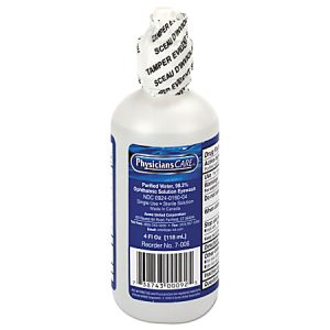 Bottle of PhysiciansCare ophthalmic eyewash solution, 4 fl oz, with a tamper-evident seal and detailed product label.