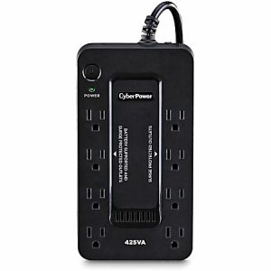 Black CyberPower UPS with eight outlets and LED indicator, model 425VA, for surge protection and battery backup.