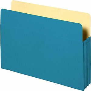 Blue expanding file folder with multiple sections, holding yellow document dividers, against a white background.
