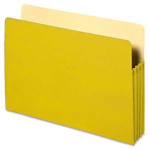 Yellow expandable file folder with beige dividers, standing upright on a white background.