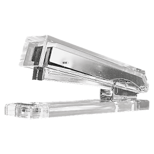Transparent acrylic stapler with a modern, minimalist design on a white background.