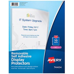 Package of Avery removable self-adhesive display protectors, 10-pack, with IT system upgrade notice in the sleeve.