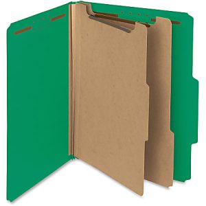 Green file folder with three expandable sections, made of brown kraft paper, standing upright and open.