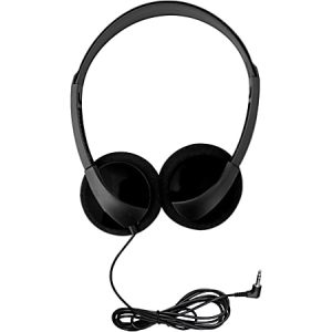 Black over-ear wired headphones with a standard audio jack and adjustable headband on a white background.