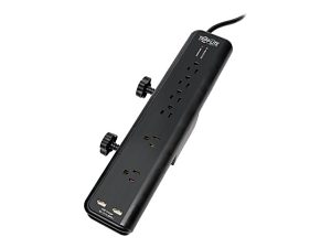Black surge protector power strip with six outlets, four USB ports, and two adjustable mounting clamps.