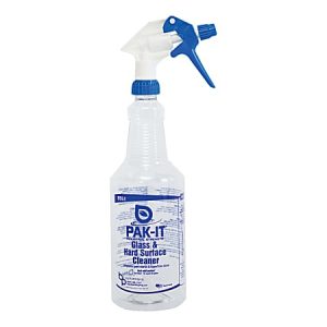 Spray bottle of PAK-IT Glass & Hard Surface Cleaner with blue and white label, blue trigger nozzle.