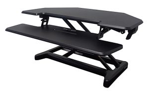 Adjustable black standing desk with two tiers and metal frame, designed for ergonomic workspace elevation.