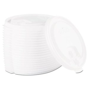 Stack of white plastic cup lids with drink hole, neatly arranged for storage or distribution.