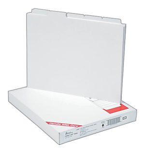 White flat corrugated cardboard mailer partially open, revealing a smaller red envelope inside, on a white background.
