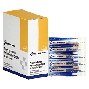 Box and individually wrapped fingertip fabric adhesive bandages labeled "First Aid Only," containing 40 sterile bandages.