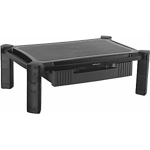 Black adjustable monitor stand with a drawer and non-slip surface.
