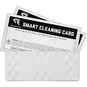 Smart cleaning card package for chip, pin, EMV, and mag stripe card readers, including warning and usage instructions.