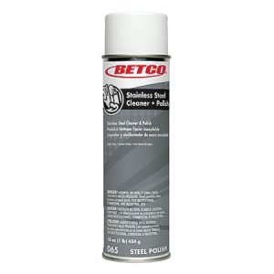 Betco Stainless Steel Cleaner and Polish spray can, 16 oz, with red and black text on a gray background.