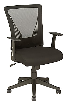 Black ergonomic office chair with mesh backrest, cushioned seat, adjustable armrests, and caster wheels.
