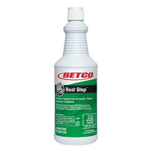 White bottle of Betco Rest Stop disinfectant and deodorizer with a green label for cleaning and sanitizing surfaces.