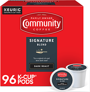 Community Coffee Signature Blend Dark Roast box with 96 Keurig K-Cup pods.
