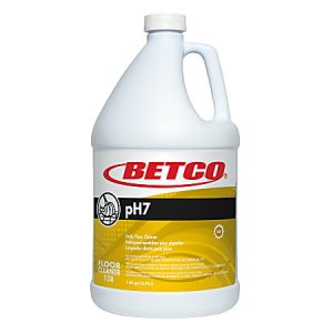 Betco pH7 floor cleaner in a white and yellow gallon jug with red logo and black text.