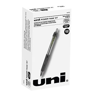 Box of Uni Power Tank RT ballpoint pens, showing one pen, labeled for extreme conditions, black ink, pack of 12.