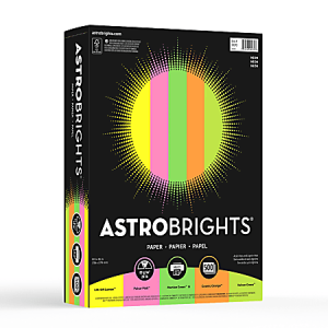 Astrobrights paper pack with vibrant sunburst design, featuring neon stripes. Contains 500 sheets, assorted colors.