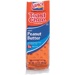 Pack of Lance Toast Chee peanut butter crackers, 1.5 oz, with no preservatives, no trans fat, and 5g of protein.