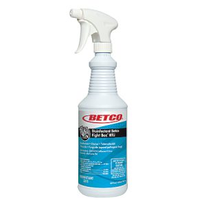 White spray bottle of Betco Disinfectant with blue label, used for cleaning and sanitizing surfaces.