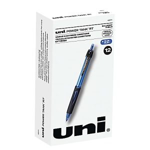 Box of 12 Uni Power Tank RT ballpoint pens, blue ink, designed for writing in extreme conditions.