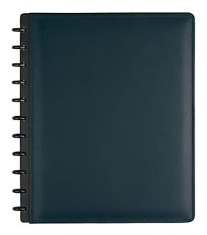 Dark green leather notebook with black spiral binding on the left side, shown against a white background.
