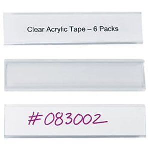 Clear acrylic tape labels, one with text "Clear Acrylic Tape – 6 Packs," another blank, and the third with "#083002.
