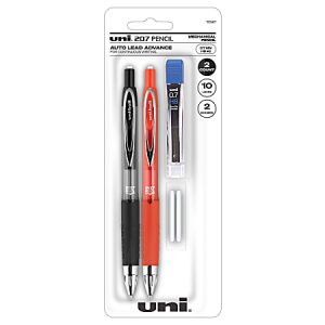 Pack of Uni 207 mechanical pencils with 0.7mm lead, includes black and red pencils, extra erasers, and lead refills.