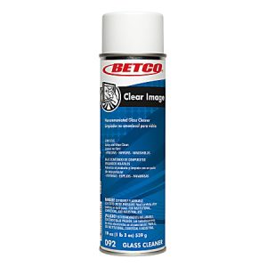 A spray can of Betco Clear Image glass cleaner with a blue label and white cap, featuring text and product details.