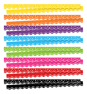 Twelve colorful scalloped bulletin board borders with wavy and dotted patterns in various colors, including black and white.