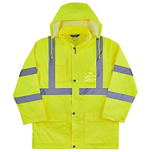 Bright yellow rain coat with reflective gray stripes, front buttons, pockets, and a hood for visibility and weather protection.