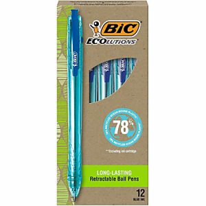 Box of BIC Ecolutions retractable blue ball pens made from 78% recycled plastic, showcasing 12 pens.