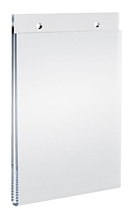 Clear acrylic sign holder with two holes at the top for wall mounting and a vertical slot for inserting a sign or paper.