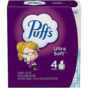 Puffs Ultra Soft facial tissues, 4 boxes, each with 56 2-ply tissues, featuring a cartoon girl on the packaging.
