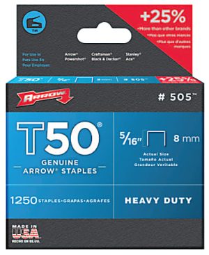 Arrow T50 heavy-duty staples box, 1250 count, 5/16 inch (8mm), +25% bonus. Made in USA.