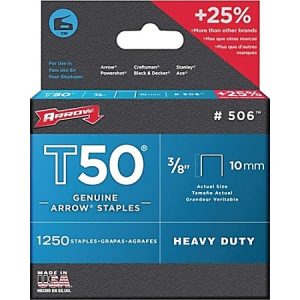 Arrow T50 heavy-duty staples box, 1250 count, 3/8 inch (10mm), 25% more staples. Made in USA.