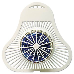 White urinal screen with a circular blue deodorizer in the center.