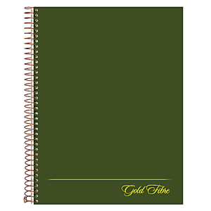 Green spiral notebook with a glossy cover, red coil, and "Gold Fibre" in yellow cursive text at the bottom right corner.